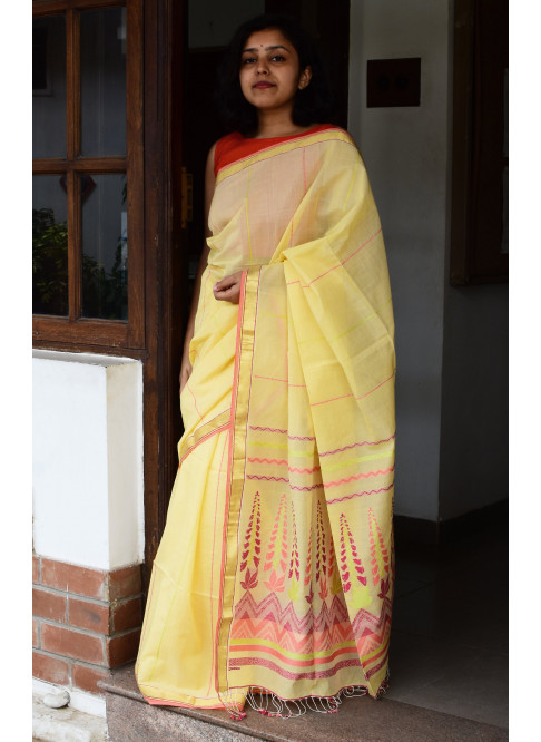Light Yellow, Handwoven Organic Cotton, Plain Weave , Jacquard, Work Wear, Jari, Striped Saree